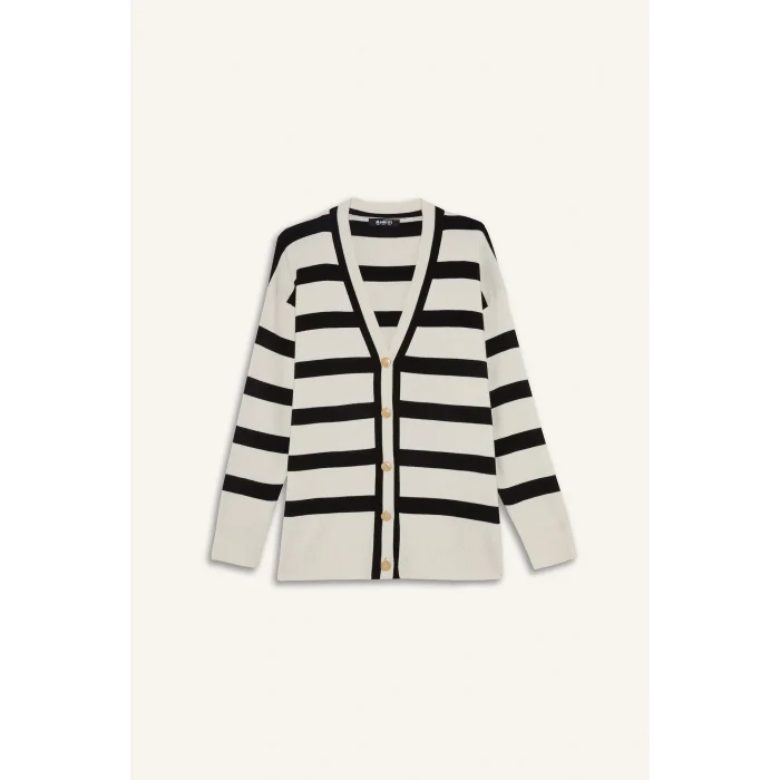 Defacto D2445AXER105 Ekru Regular Fit V Yaka Çizgili Düğmeli Tunik Triko Hırka