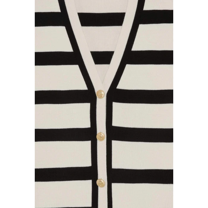 Defacto D2445AXER105 Ekru Regular Fit V Yaka Çizgili Düğmeli Tunik Triko Hırka