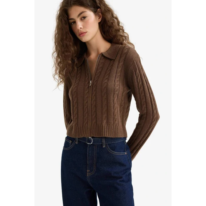 Defacto A3331AXBN319 Kahve Regular Fit Polo Yaka Fermuarlı Triko Hırka