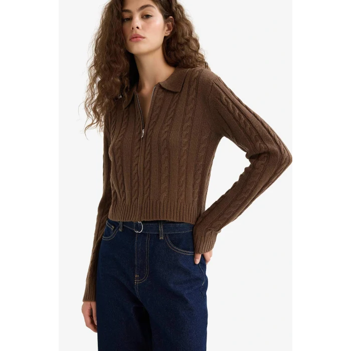 Defacto A3331AXBN319 Kahve Regular Fit Polo Yaka Fermuarlı Triko Hırka