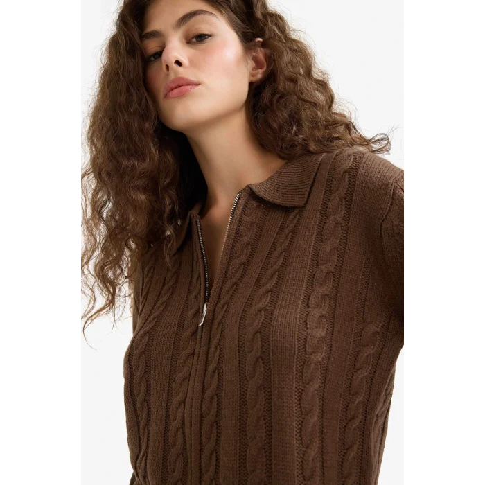 Defacto A3331AXBN319 Kahve Regular Fit Polo Yaka Fermuarlı Triko Hırka