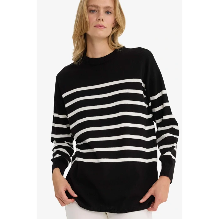 Defacto S7517AZBK27 Siyah Relax Fit Çizgili Bisiklet Yaka Triko Kazak Tunik