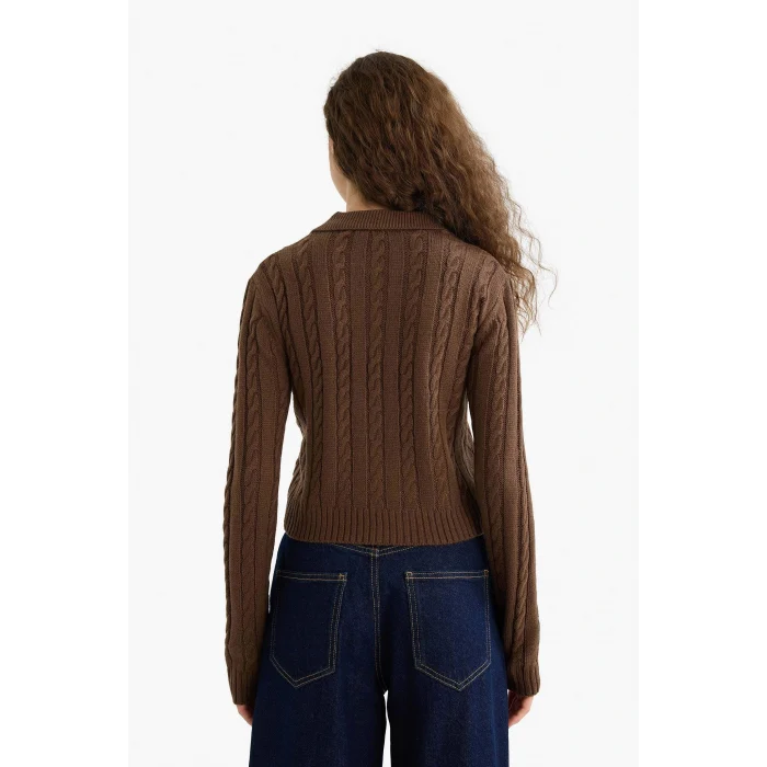 Defacto A3331AXBN319 Kahve Regular Fit Polo Yaka Fermuarlı Triko Hırka