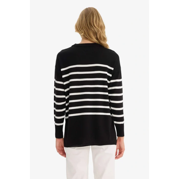 Defacto S7517AZBK27 Siyah Relax Fit Çizgili Bisiklet Yaka Triko Kazak Tunik