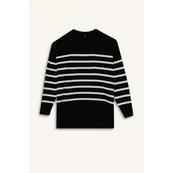 Defacto S7517AZBK27 Siyah Relax Fit Çizgili Bisiklet Yaka Triko Kazak Tunik