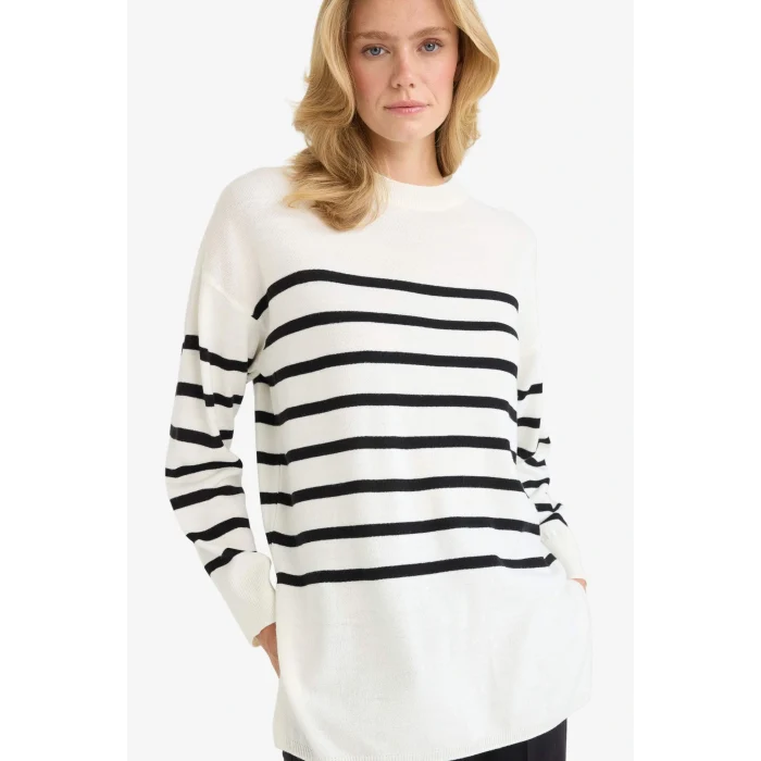 Defacto S7517AZER105 Ekru Relax Fit Çizgili Bisiklet Yaka Triko Kazak Tunik