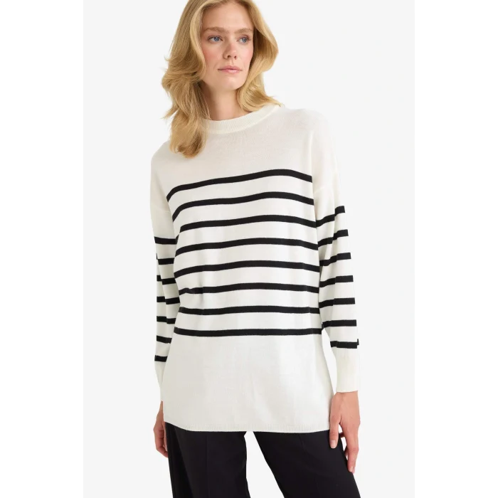 Defacto S7517AZER105 Ekru Relax Fit Çizgili Bisiklet Yaka Triko Kazak Tunik