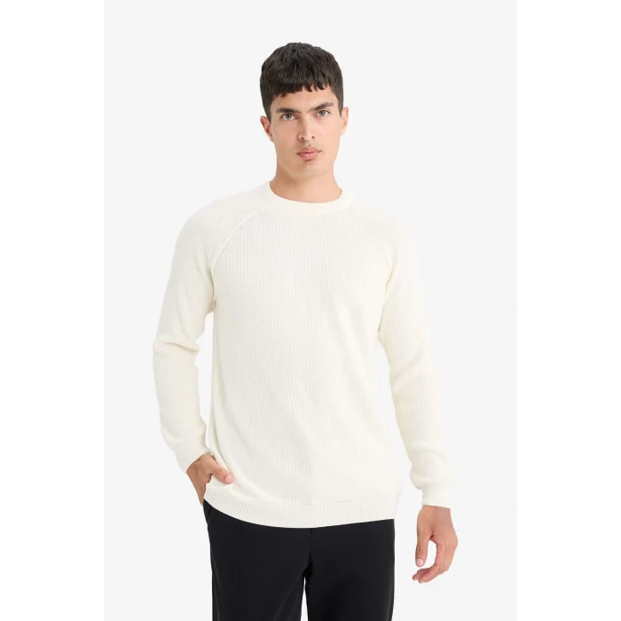 Defacto A8458AXER139 Ekru Standart Fit Bisiklet Yaka Triko Kazak