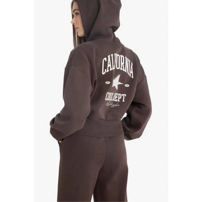 Defacto E9583AXBN258 Kahve Coool Oversize Geniş Kalıp Kapüşonlu Sırt Baskılı Fermuarlı Sweatshirt