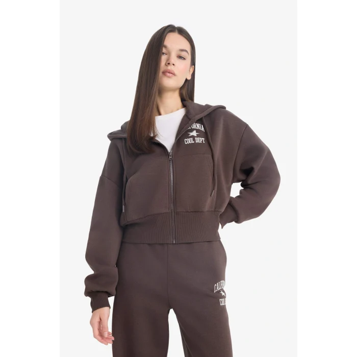 Defacto E9583AXBN258 Kahve Coool Oversize Geniş Kalıp Kapüşonlu Sırt Baskılı Fermuarlı Sweatshirt