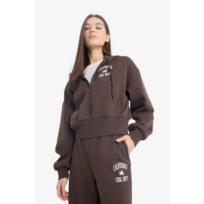 Defacto E9583AXBN258 Kahve Coool Oversize Geniş Kalıp Kapüşonlu Sırt Baskılı Fermuarlı Sweatshirt