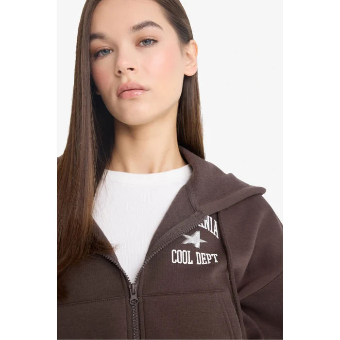 Defacto E9583AXBN258 Kahve Coool Oversize Geniş Kalıp Kapüşonlu Sırt Baskılı Fermuarlı Sweatshirt