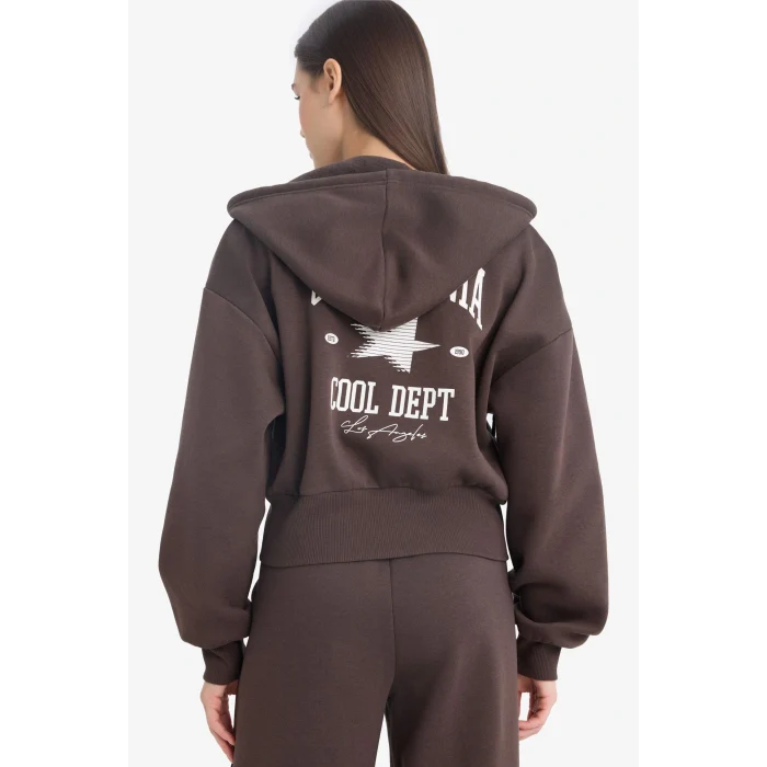 Defacto E9583AXBN258 Kahve Coool Oversize Geniş Kalıp Kapüşonlu Sırt Baskılı Fermuarlı Sweatshirt