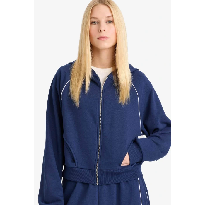 Defacto F9613AXNV241 Lacivert Coool Loose Fit Kapüşonlu Fermuarlı Sweatshirt