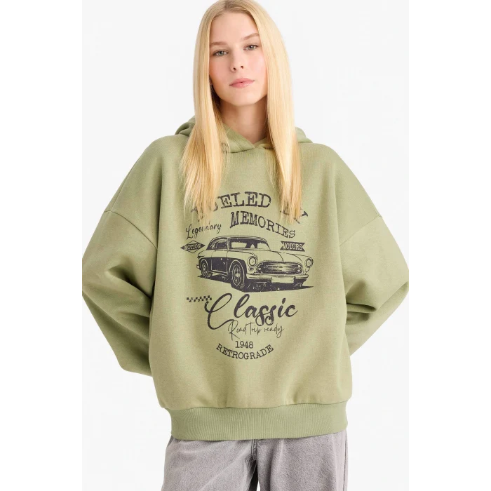 Defacto F9432AXKH461 Haki Overshirt Fit Kapüşonlu Baskılı Sweatshirt