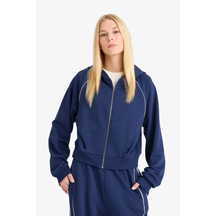 Defacto F9613AXNV241 Lacivert Coool Loose Fit Kapüşonlu Fermuarlı Sweatshirt