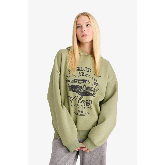 Defacto F9432AXKH461 Haki Overshirt Fit Kapüşonlu Baskılı Sweatshirt