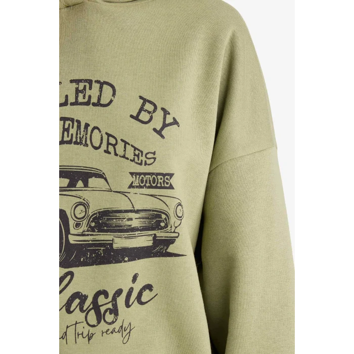 Defacto F9432AXKH461 Haki Overshirt Fit Kapüşonlu Baskılı Sweatshirt