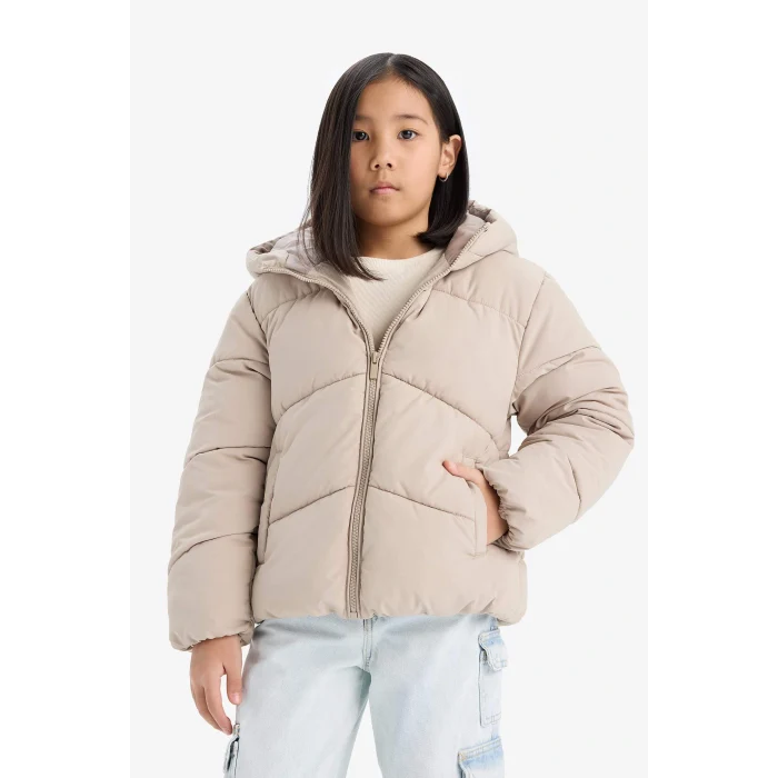 Defacto C5389A8ER37 Ekru Kız Çocuk Su Geçirmez Kapüşonlu Fermuarlı Şişme Mont