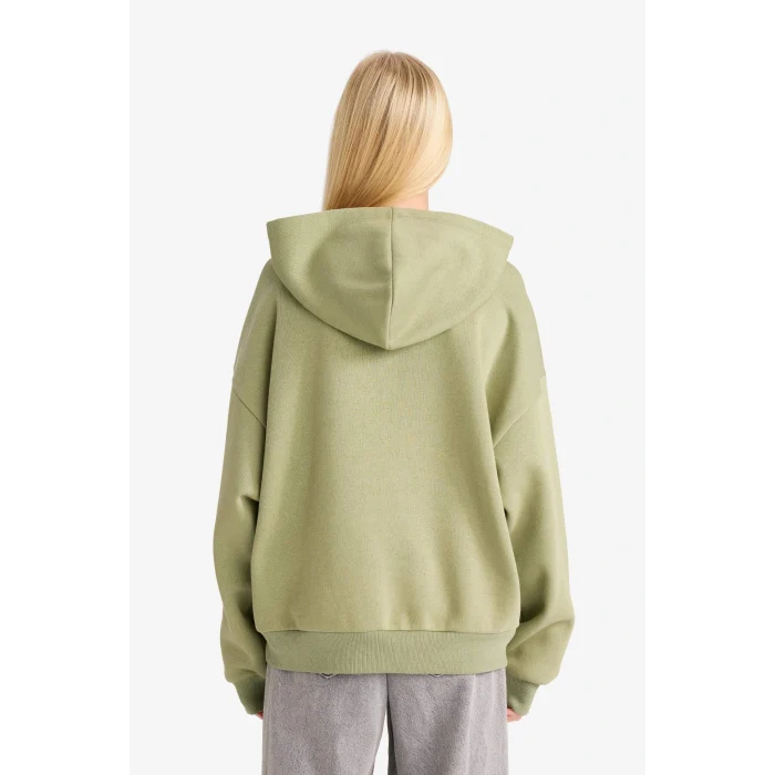 Defacto F9432AXKH461 Haki Overshirt Fit Kapüşonlu Baskılı Sweatshirt