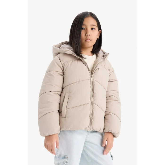 Defacto C5389A8ER37 Ekru Kız Çocuk Su Geçirmez Kapüşonlu Fermuarlı Şişme Mont