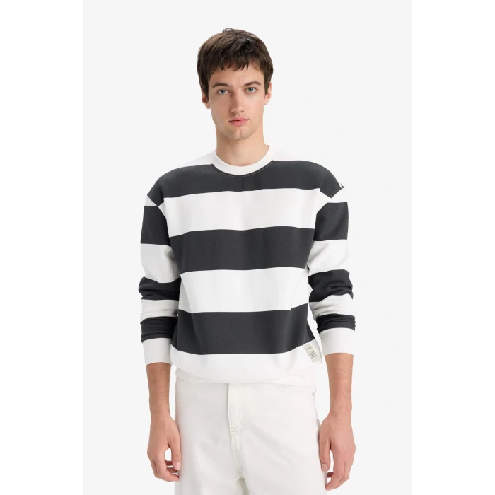 Defacto A9066AXAR104 Antrasit Boxy Fit Bisiklet Yaka Çizgili Sweatshirt