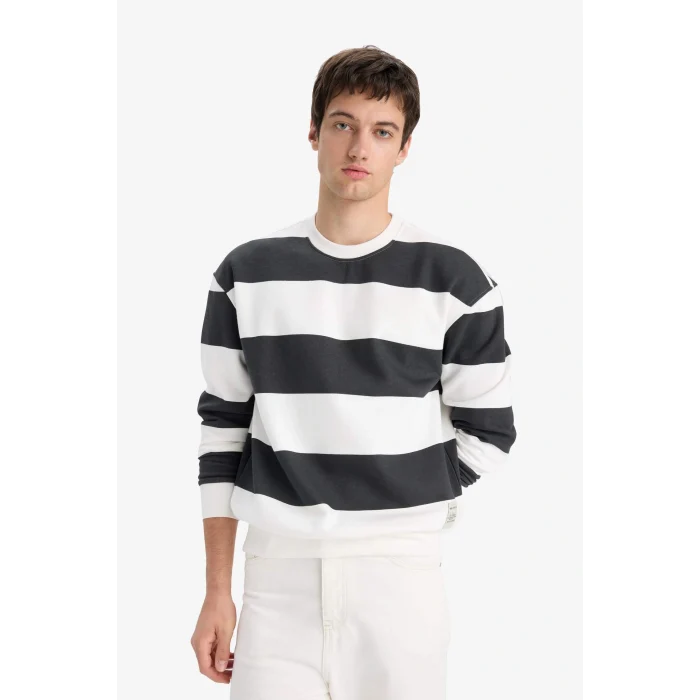 Defacto A9066AXAR104 Antrasit Boxy Fit Bisiklet Yaka Çizgili Sweatshirt