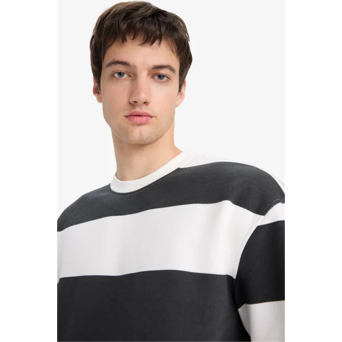 Defacto A9066AXAR104 Antrasit Boxy Fit Bisiklet Yaka Çizgili Sweatshirt