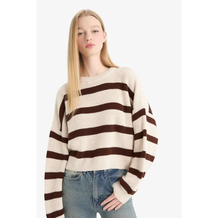 Defacto X4931AZBG644 Bej Coool Oversize Geniş Kalıp Bisiklet Yaka Çizgili Triko Kazak