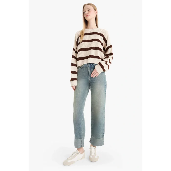 Defacto X4931AZBG644 Bej Coool Oversize Geniş Kalıp Bisiklet Yaka Çizgili Triko Kazak