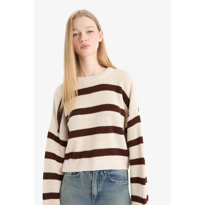 Defacto X4931AZBG644 Bej Coool Oversize Geniş Kalıp Bisiklet Yaka Çizgili Triko Kazak