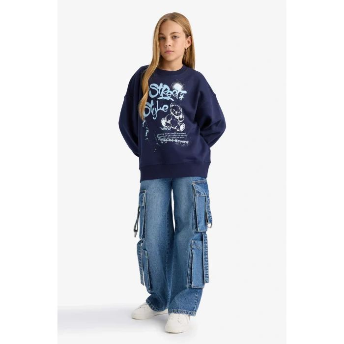 Defacto E6755A8NV241 Lacivert Kız Çocuk Oversize Geniş Kalıp Bisiklet Yaka Baskılı Sweatshirt