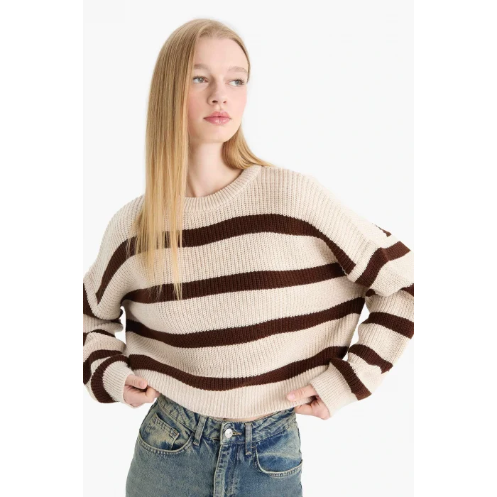 Defacto X4931AZBG644 Bej Coool Oversize Geniş Kalıp Bisiklet Yaka Çizgili Triko Kazak