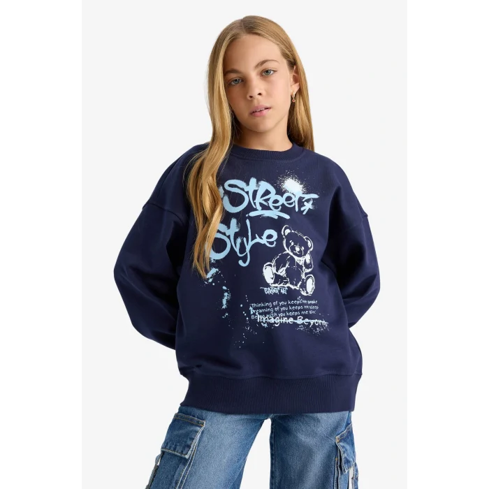 Defacto E6755A8NV241 Lacivert Kız Çocuk Oversize Geniş Kalıp Bisiklet Yaka Baskılı Sweatshirt