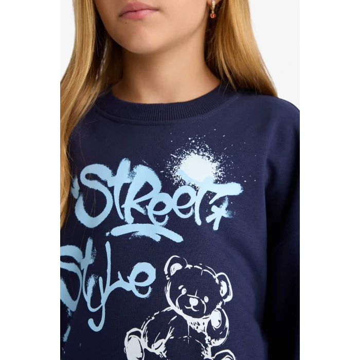Defacto E6755A8NV241 Lacivert Kız Çocuk Oversize Geniş Kalıp Bisiklet Yaka Baskılı Sweatshirt