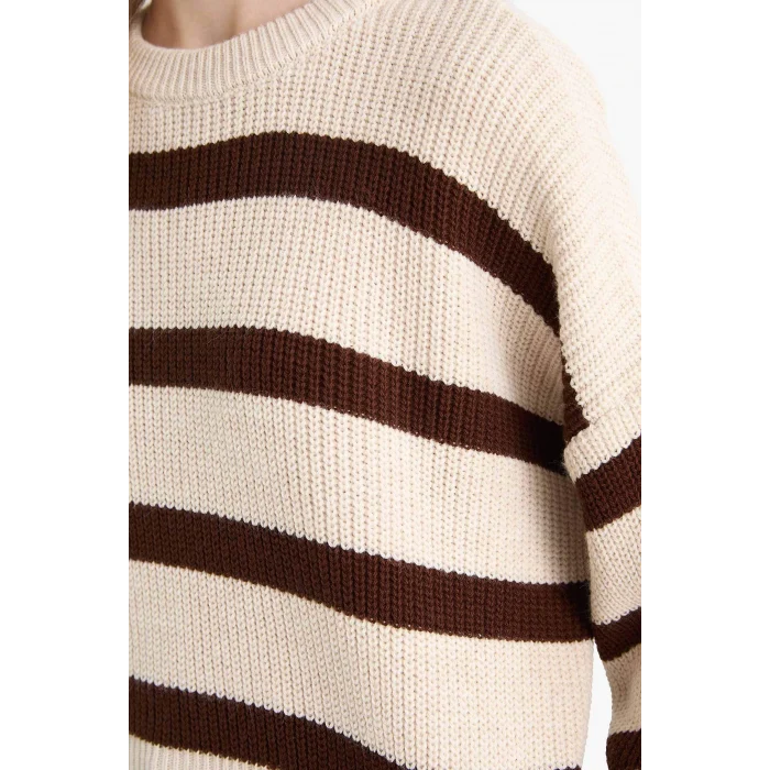 Defacto X4931AZBG644 Bej Coool Oversize Geniş Kalıp Bisiklet Yaka Çizgili Triko Kazak