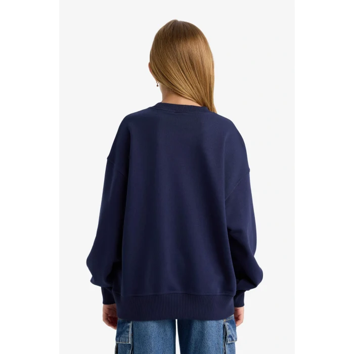 Defacto E6755A8NV241 Lacivert Kız Çocuk Oversize Geniş Kalıp Bisiklet Yaka Baskılı Sweatshirt