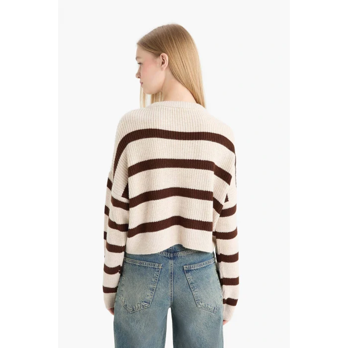 Defacto X4931AZBG644 Bej Coool Oversize Geniş Kalıp Bisiklet Yaka Çizgili Triko Kazak