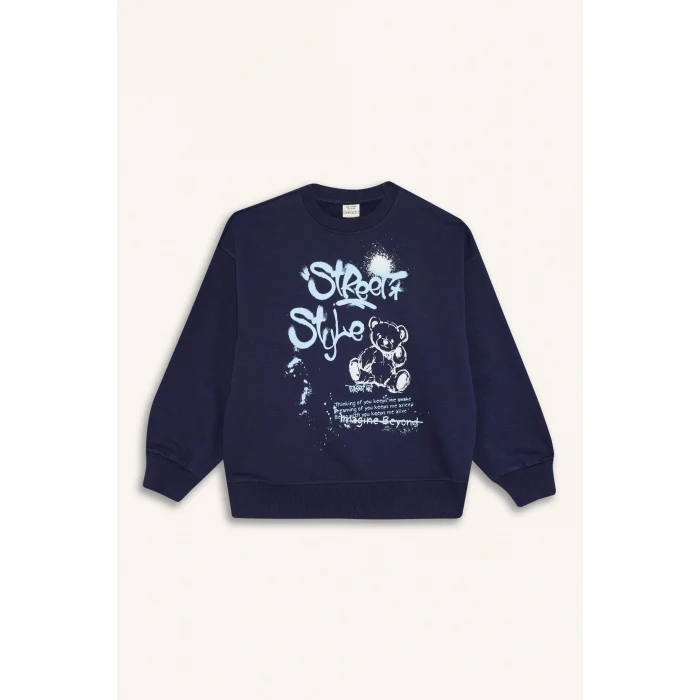 Defacto E6755A8NV241 Lacivert Kız Çocuk Oversize Geniş Kalıp Bisiklet Yaka Baskılı Sweatshirt