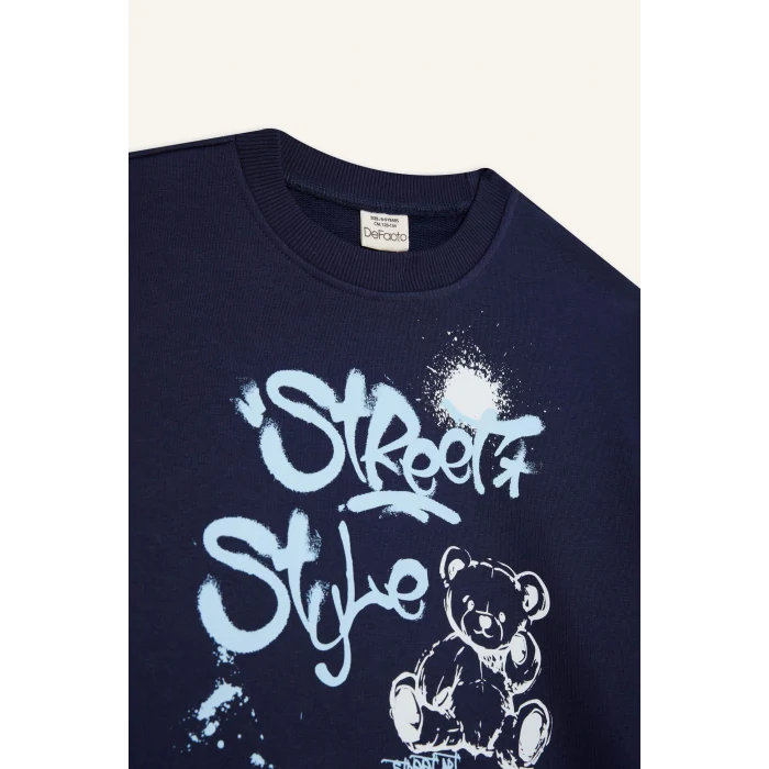 Defacto E6755A8NV241 Lacivert Kız Çocuk Oversize Geniş Kalıp Bisiklet Yaka Baskılı Sweatshirt
