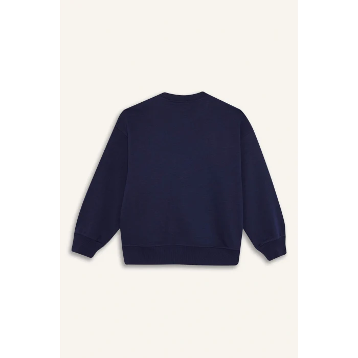 Defacto E6755A8NV241 Lacivert Kız Çocuk Oversize Geniş Kalıp Bisiklet Yaka Baskılı Sweatshirt