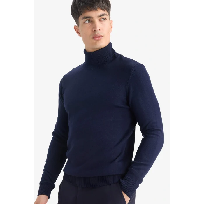 Defacto R1124AZNV64 Lacivert Slim Fit Dar Kesim Balıkçı Yaka Basic Düz Triko Kazak