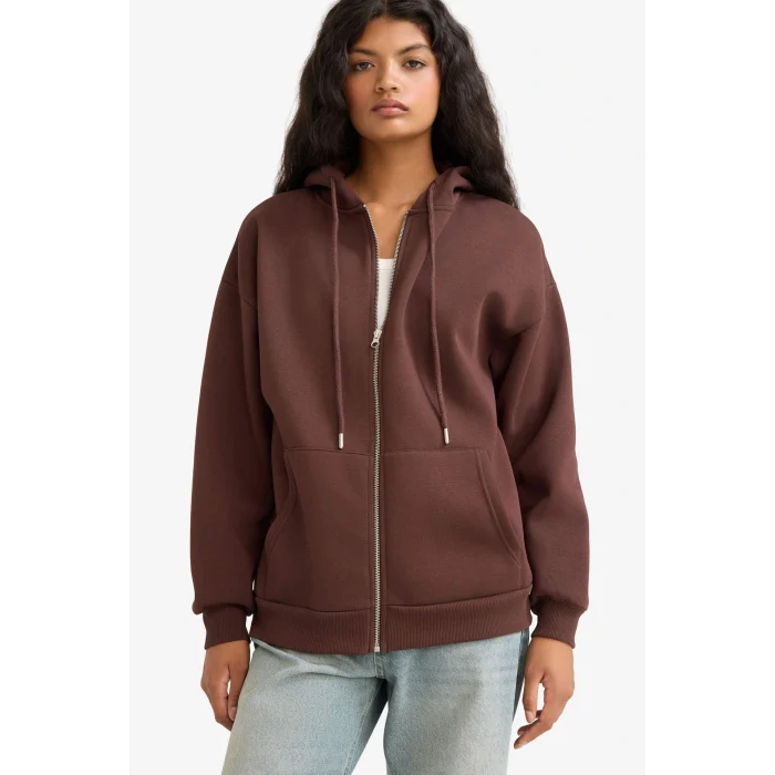 Defacto V4233AZBN341 Kahve Oversize Geniş Kalıp Kapüşonlu Fermuarlı Sweatshirt