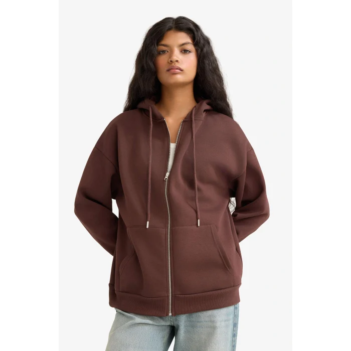 Defacto V4233AZBN341 Kahve Oversize Geniş Kalıp Kapüşonlu Fermuarlı Sweatshirt