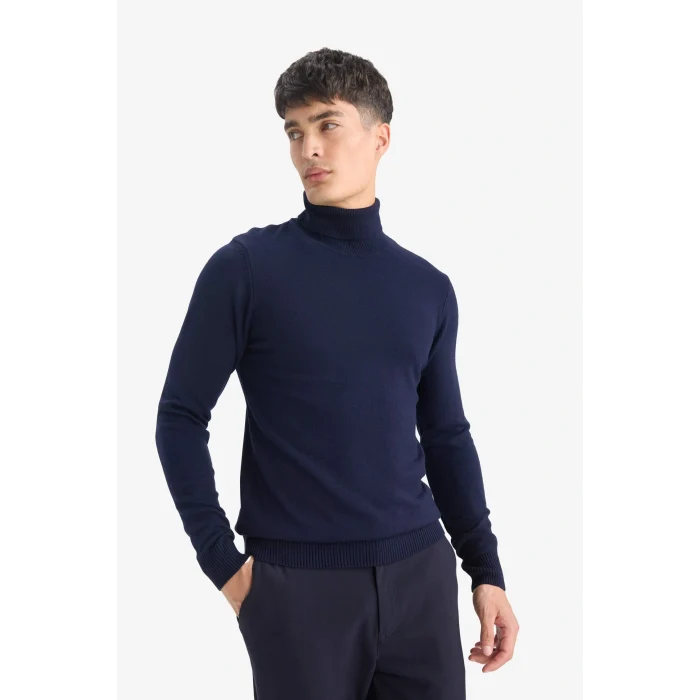 Defacto R1124AZNV64 Lacivert Slim Fit Dar Kesim Balıkçı Yaka Basic Düz Triko Kazak