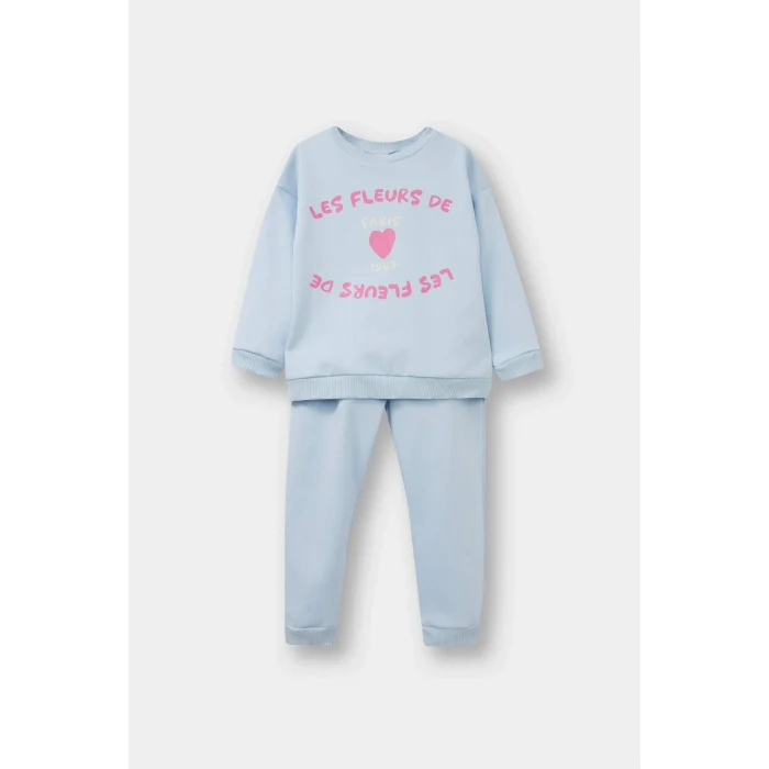 Defacto F0548A5BE343 Mavi Kız Bebek 2li Takım Baskılı İçi Yumuşak Tüylü Sweatshirt Eşofman Altı