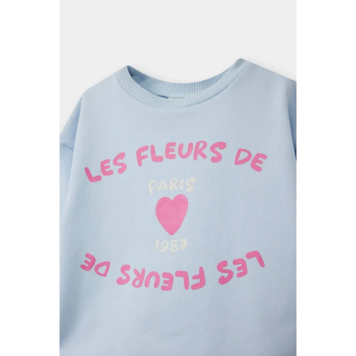 Defacto F0548A5BE343 Mavi Kız Bebek 2li Takım Baskılı İçi Yumuşak Tüylü Sweatshirt Eşofman Altı