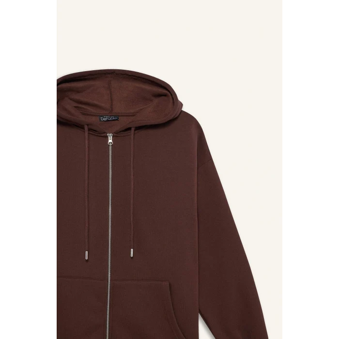 Defacto V4233AZBN341 Kahve Oversize Geniş Kalıp Kapüşonlu Fermuarlı Sweatshirt