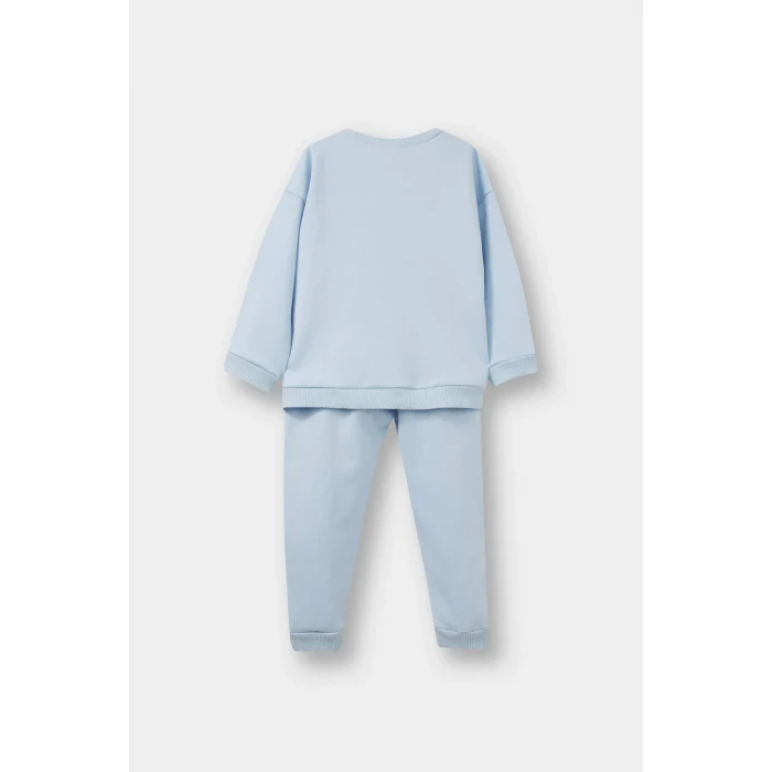 Defacto F0548A5BE343 Mavi Kız Bebek 2li Takım Baskılı İçi Yumuşak Tüylü Sweatshirt Eşofman Altı