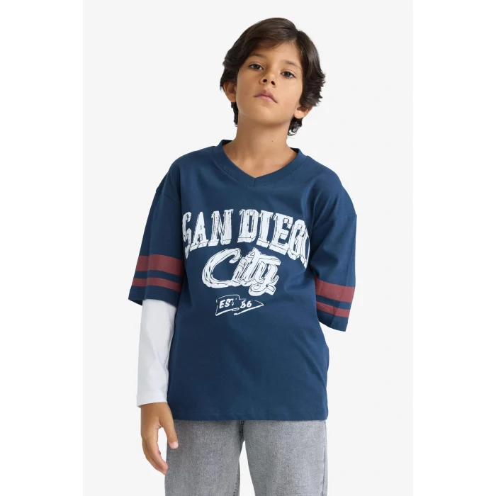 Defacto E9659A8NV218 Lacivert Erkek Çocuk Oversize Geniş Kalıp V Yaka Baskılı Uzun Kollu Tişört